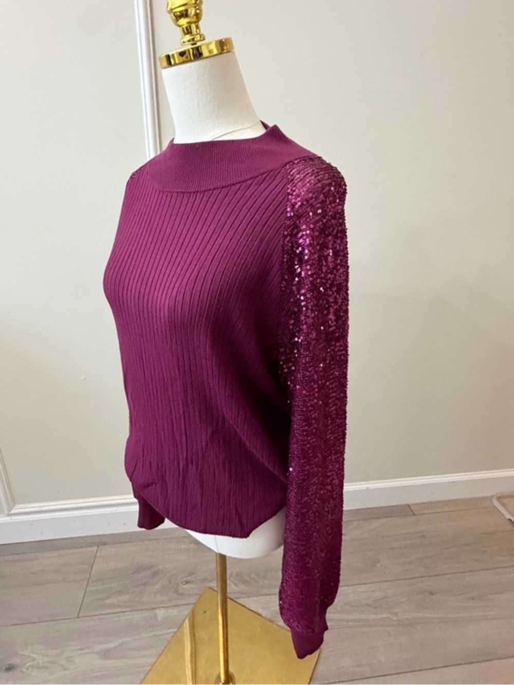Joseph Plum Sequin-Sleeve Knit Top
